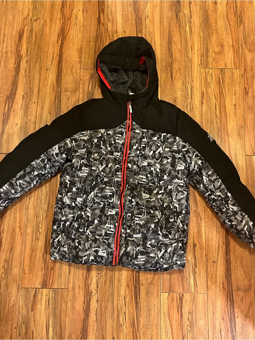ZeroXposur Black & Gray Camo Hooded Puffer Jacket with Red Trim